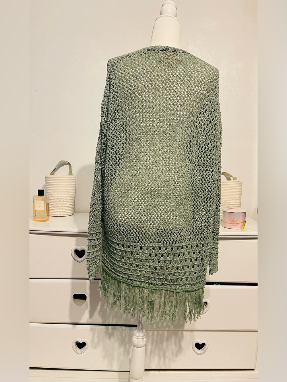Audrey parks boho Lightweight Olive Green Crochet Fringe Cardigan Sweater L - Picture 11 of 14